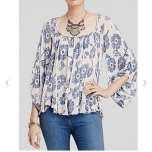 Free People Zoe Floral Print Blouse Boho Top Blue Keyhole Back Size